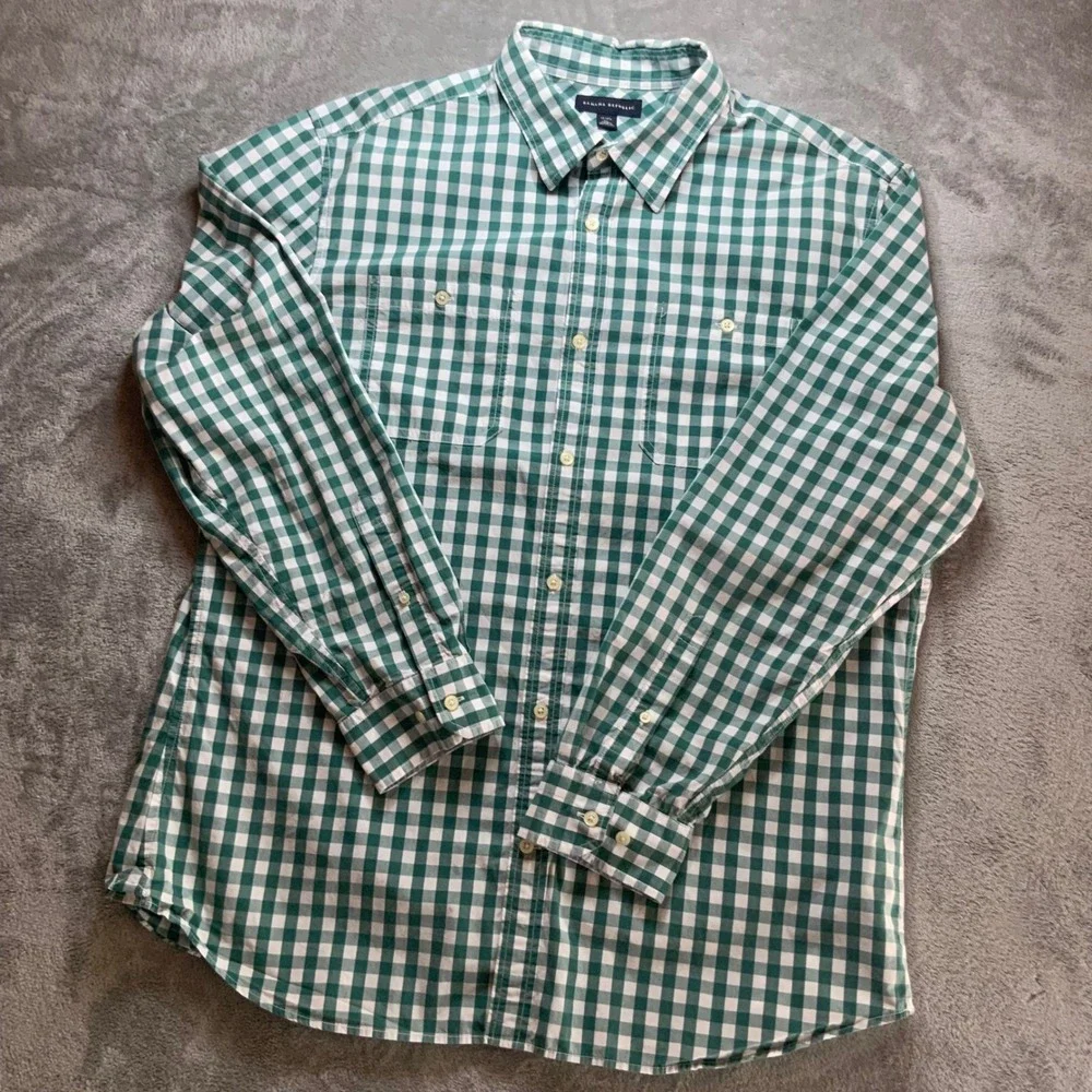 Banana Republic Mens XL Green Gingham Check Long Sleeve Cotton Button Down Shirt